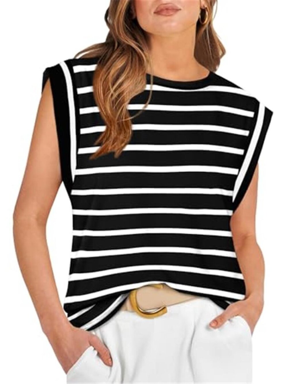 White Stripe Cap Sleeve Tank Top Loose Fit Casual Summer Crew Neck Cotton Tee